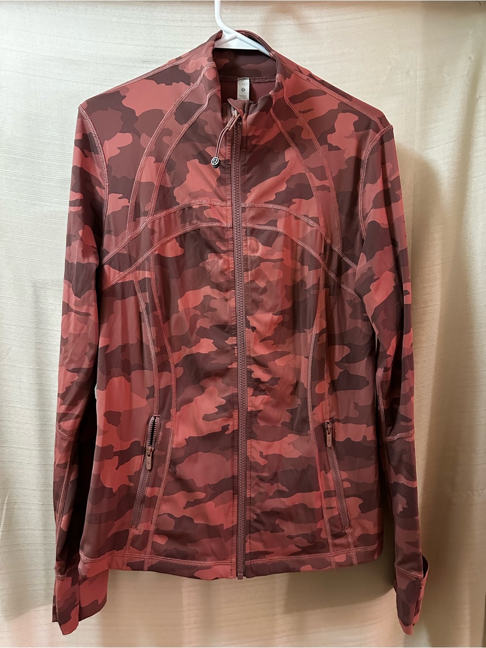 Lululemon Define Jacket Pink Brown Camo Full Zip Running Yoga Thumbholes Size 12